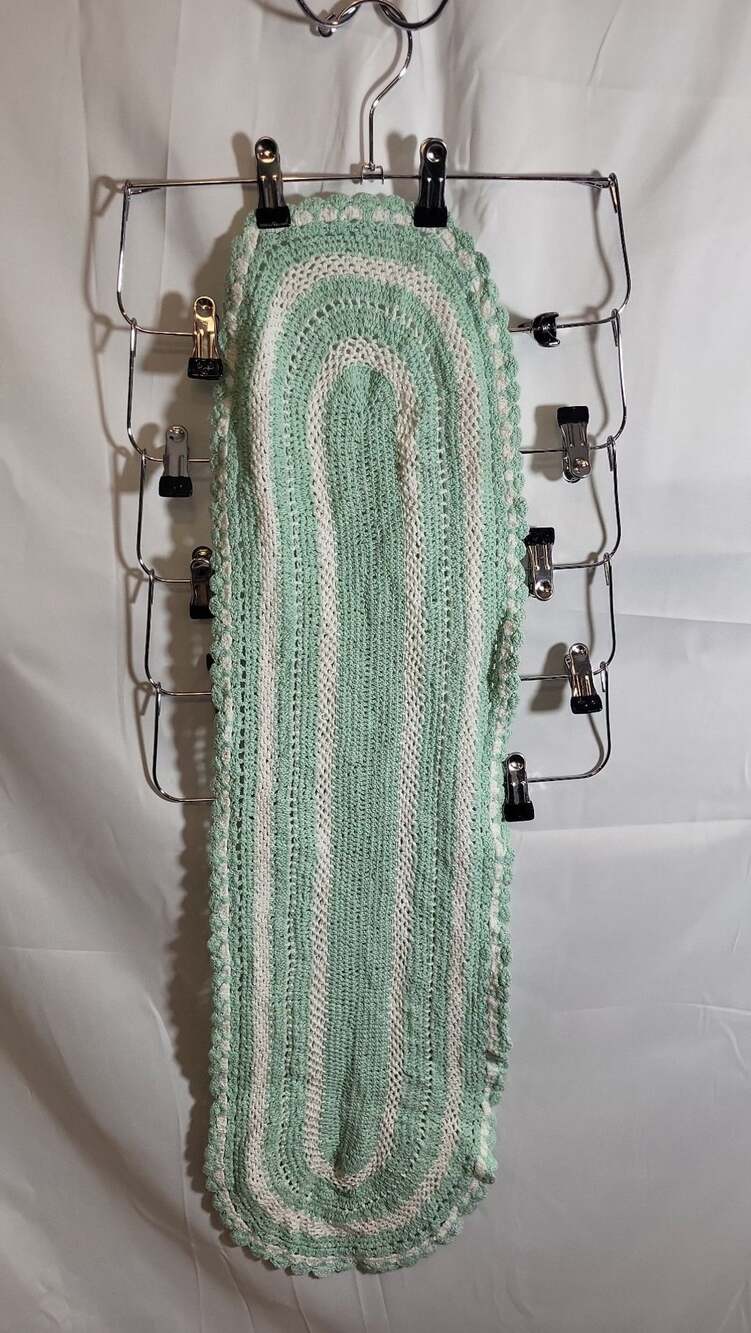 Oval Crochet Cotton Sage Green and White Scalloped Table Runner